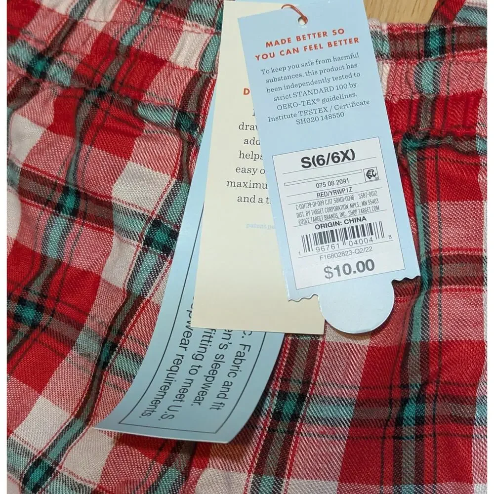 Cat & Jack Pajama Pants Kids Small 6/6X Red Green & Cream Plaid Cuffed Ankle